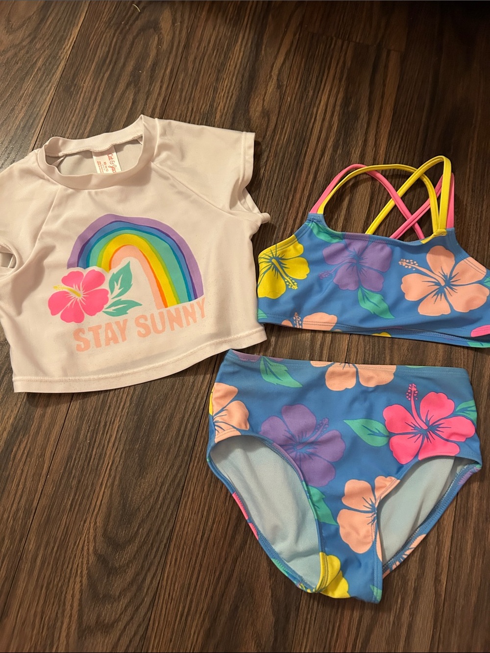 Cat & Jack Girls Blue Floral Bikini Set with White Rainbow Rash Top